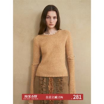 someone sometimes花紗蜜桔 圓領撞色手工鉤邊可拆卸袖套羊毛毛衣