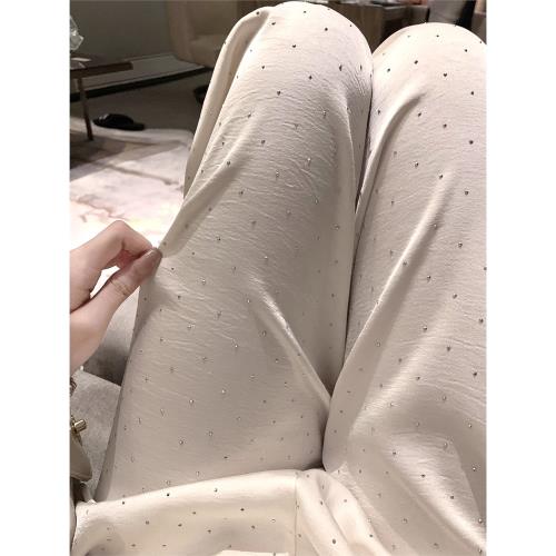 luna潞娜 白色高級感緞面闊腿褲女鉆鉆重工寬松垂感顯瘦百搭長褲