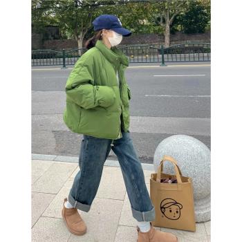 ROUJE MOSMOS綠色短款羽絨服女冬裝新款韓版減齡保暖90白鴨絨外套