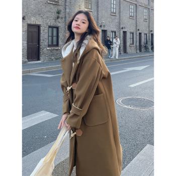 駝色牛角扣中長款加厚毛呢外套女冬季2024新款學院風氣質呢子大衣