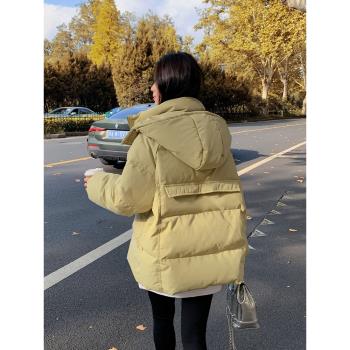 90白鴨絨綠色連帽羽絨服女冬短款2024新款學院加厚麵包服襖子外套