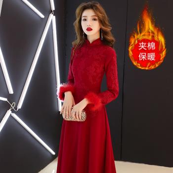 新娘冬季加絨紅色結婚回門服旗袍