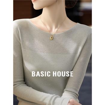 Basic House/百家好法式一字領針織衫女士春季圓領修身內搭打底衫