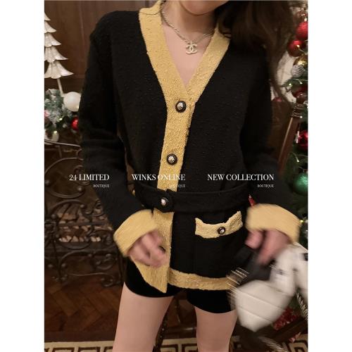 WinksBoutique 權志龍高階版）香奶奶羊毛撞色紗結V領針織開衫