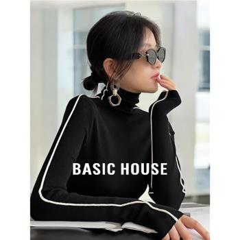 Basic House/百家好法式黑色撞色高領針織打底衫女秋冬內搭可外穿
