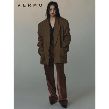 VERMO 改造經典 復古人字紋皮革補丁 加絨里布寬松深秋西裝外套
