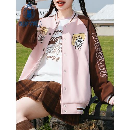 美式棒球服外套春秋繡花加絨2025新款少女大童初中生高中學生夾克