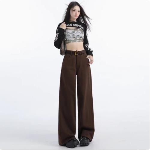 復古棕色闊腿牛仔褲女秋冬加絨保暖寬松顯瘦休閑咖啡直筒長褲加長