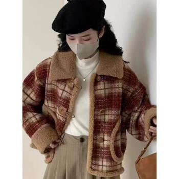 復古格子羊羔毛拼接加厚毛呢外套女秋冬2024新款韓系短款呢子大衣