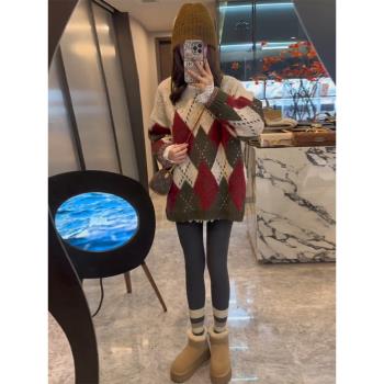 慵懶風菱格聖誕大版毛衣女2024年秋冬新款超好看中長款遮屁股上衣