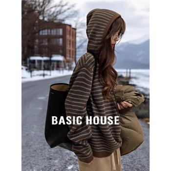 Basic House/百家好慵懶風條紋連帽毛衣外套女士春季撞色針織衛衣