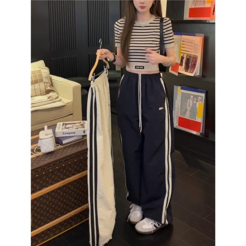 美式復古側邊條紋休閑褲女夏季直筒衛褲寬松顯瘦闊腿運動速干褲子