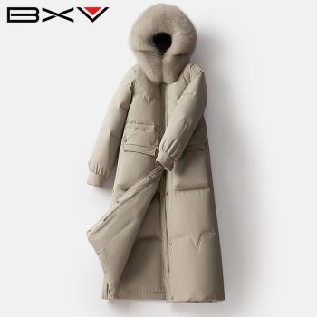 BXV狐貍大毛領羽絨服女中長款2024冬季新款寬松保暖加厚連帽外套