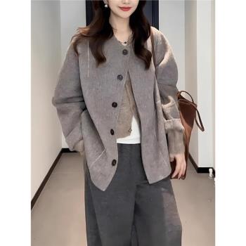 大碼高階感雙面大衣保暖毛衣外套女春季新款胖mm寬松顯瘦開衫上衣