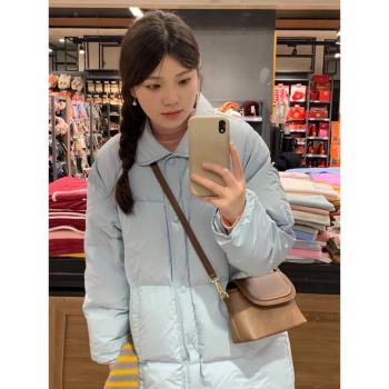 奶藍色設計感白鴨絨羽絨服寬松加厚中長款小個子娃娃領麵包服冬季