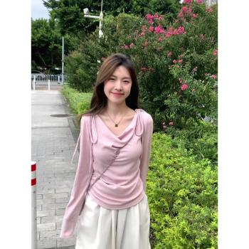 溫柔小香風內搭粉色蝴蝶結系帶蕩領斜角露肩長袖打底衫女秋冬上衣