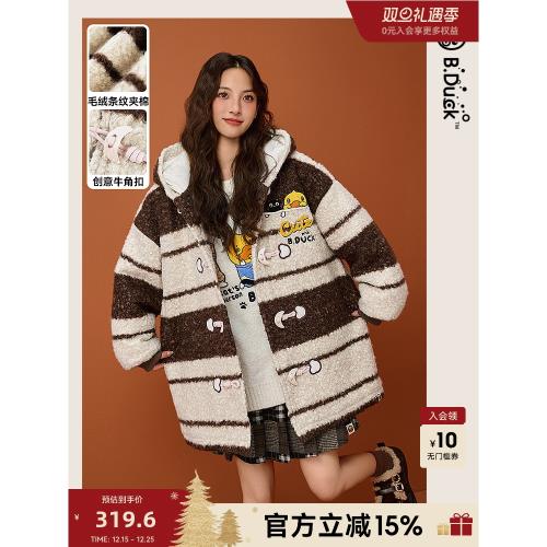 B.Duck小黃鴨趣味貓咪冬季新款美拉德oversize條紋毛絨外套女
