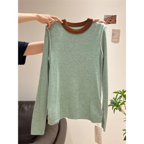 辣妹撞色拼接圓領針織打底衫長袖女春秋正肩修身顯瘦內搭別致上衣