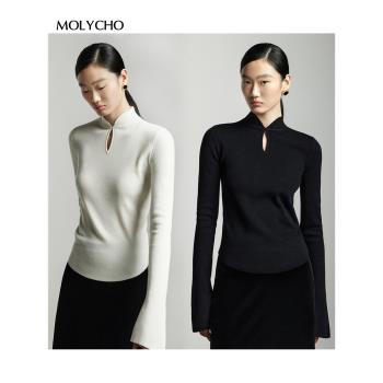 MOLYCHO 新中式半高領針織衫女修身顯瘦鏤空毛衣旗袍領內搭打底衫