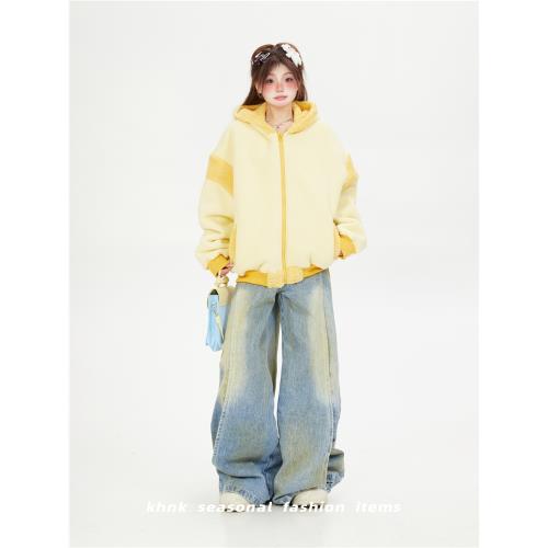 多巴胺元氣穿搭奶黃色加絨連帽棉衣棉服女冬季2025新款棉襖厚外套