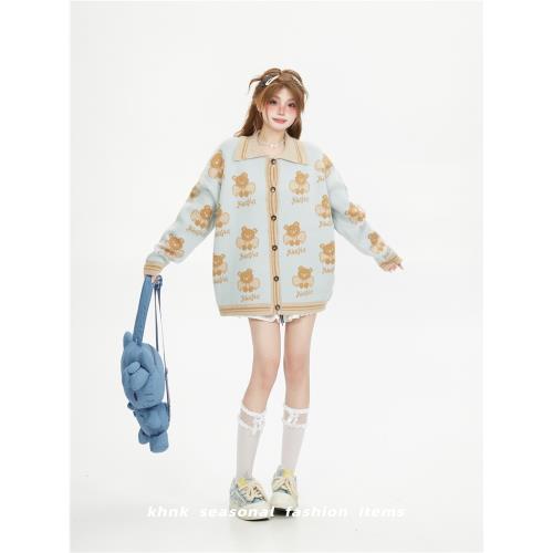 學院風可愛小熊鉤花翻領針織開衫女秋冬寬松oversize韓系毛衣外套