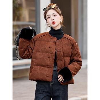 冬季新中式國風盤扣提花圓領高品質短款羽絨服女高階減齡漂亮洋氣