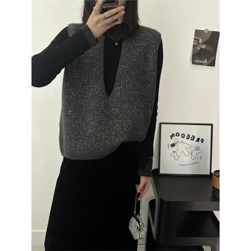 歐洲站星空亮片大V領疊穿毛衣馬甲背心女顯瘦無袖羊毛針織衫歐貨