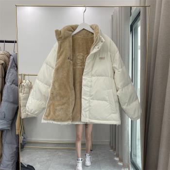 韓國秋冬新款兩面穿羽絨服女情侶短款寬松休閑羊羔毛休閑棉服外套