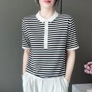 拼色半開扣女夏季立領天絲套頭