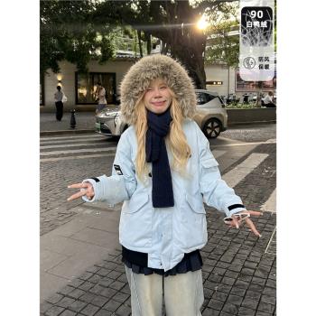 ANDEARDI復古美式連帽大毛領90白鴨絨派克服冰島藍工裝羽絨服情侶