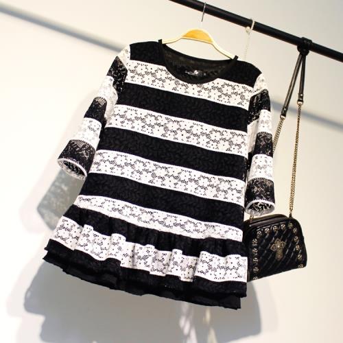 歐洲站奉上秋季新品甜美黑白條紋蕾絲娃娃衫寬松韓版時尚圓領上衣