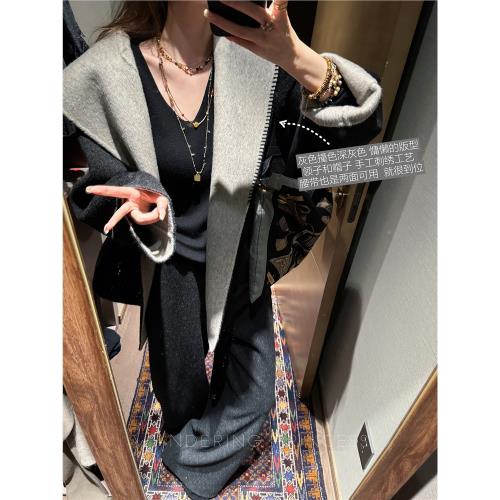 錢美西 1oo澳毛手工刺繡 拼色AB面 兩面可穿手縫連帽毛呢大衣女