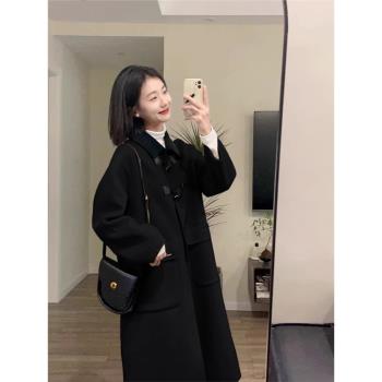黑色牛角扣呢子大衣女高級感秋冬季2024新款韓系小個子羊毛呢外套