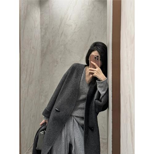 韓版雙面羊絨大衣中長款女帶圍巾2024新款秋冬高級感呢子羊毛外套