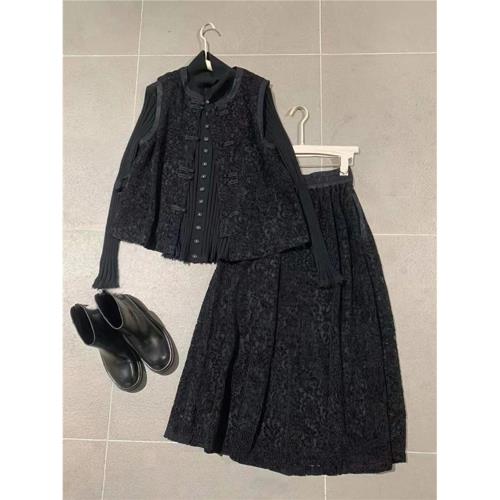 2025春季新款新中式國風女裝高級感氣質名媛黑色馬甲三件套裝裙女