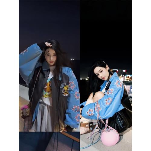 韋雪同款黑藍撞色花朵刺繡高街潮牌飛行員夾克機車皮衣棒球服外套