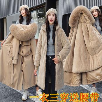 2024一衣三穿內膽可拆卸新款派克服加絨中長款冬季修身女風衣外套