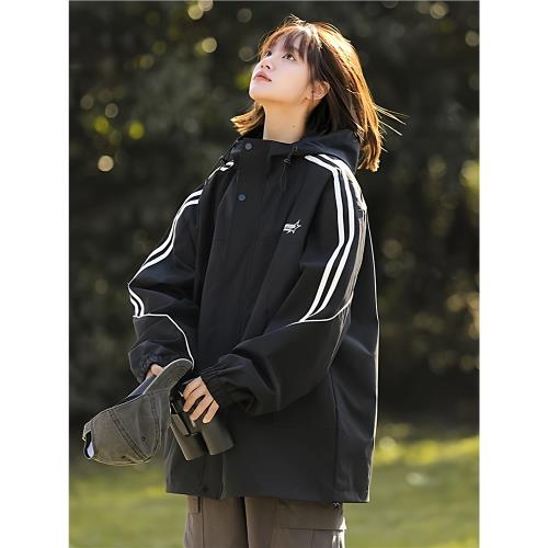 品牌集團棉致沖鋒衣外套女2025新款春秋條紋防風防水運動黑色夾克