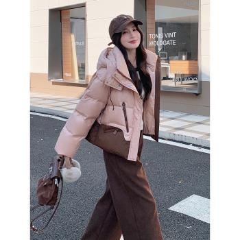 橘粉色小個子短款羽絨服女2024冬季新款設計感拼色加厚白鴨絨外套