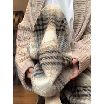 毛呢格子褲女春秋季復古高個子慵懶風寬松拖地褲直筒加絨闊腿褲子