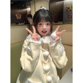 奶黃色毛呢外套女秋冬2024新款甜美牛角扣中長款夾棉加厚呢子大衣