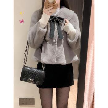 小香風名媛皮毛一體環保皮草外套女短款高階感保暖毛絨絨上衣冬季