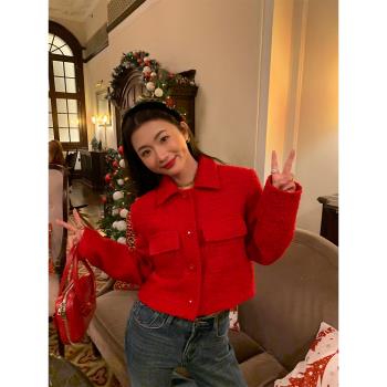 落落狷介紅色短款毛呢外套女2024年新款秋冬小個子小香風羊毛外套