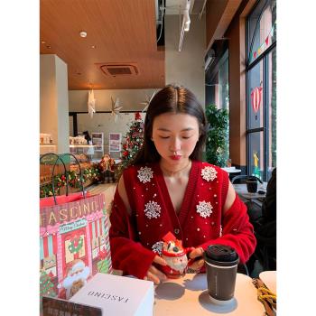 落落狷介 毛衣女款2024新款冬季兩件套毛線衣紅色綿羊毛開衫上衣