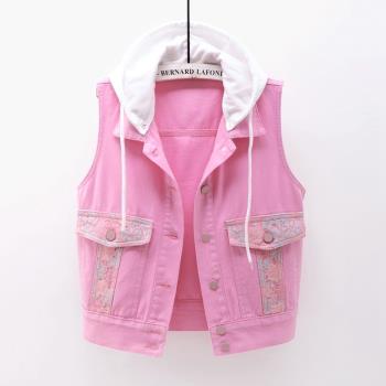 春秋款蕾絲刺繡連帽上衣牛仔馬甲