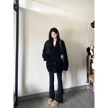 韓系小個子黑色羊羔毛外套女士寬松慵懶感顆粒絨毛毛上衣加厚冬季