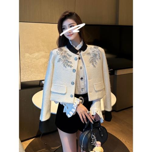 小香風黑白撞色立領釘鉆羊毛呢短外套女輕奢重工水鉆聚會洋氣西裝