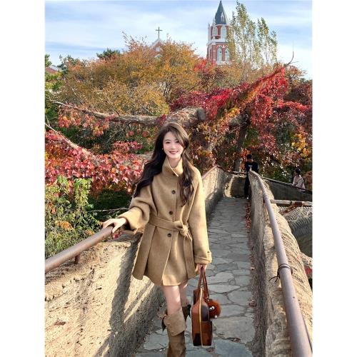 TT壞壞卡其色立領呢子大衣女冬季慵懶高級感百搭加厚氣質毛呢外套