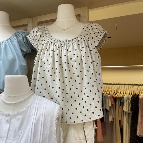 韓國東大門2025年通勤圓領夏季波點印花氣質顯瘦減齡百搭棉麻上衣