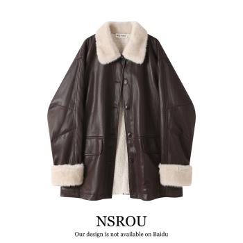 NSROU港風復古美拉德高階感加絨皮衣外套女冬季寬松休閑夾克風衣